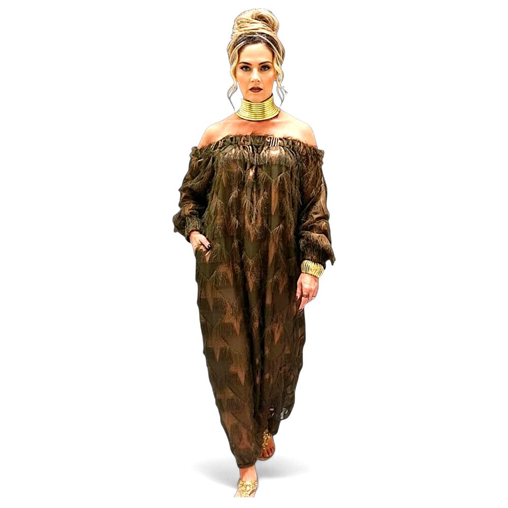 Julia Allert Olive Bronze Star Textured Off Shoulder Dress NWT XS